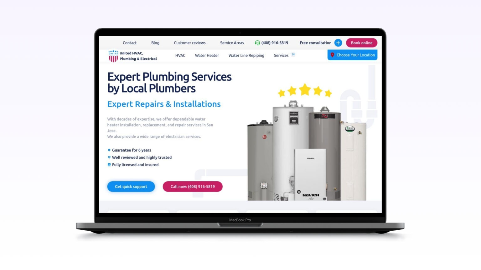 Сайт United Plumbing & Water Heaters на екрані ноутбука